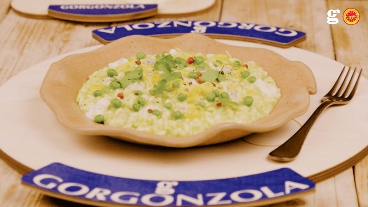 Risotto con piselli e gorgonzola dop, menta, scorza di limone e erbette fresche