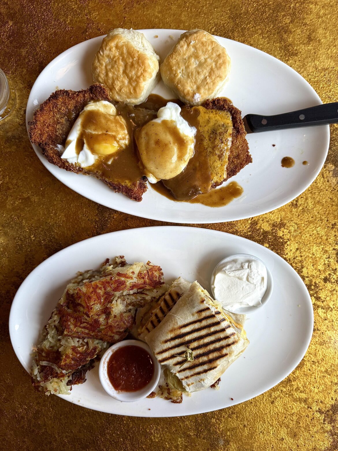 Breakfast Burrito w/ Hashbrowns & Country Fried Steak w/ Over Easy Eggs