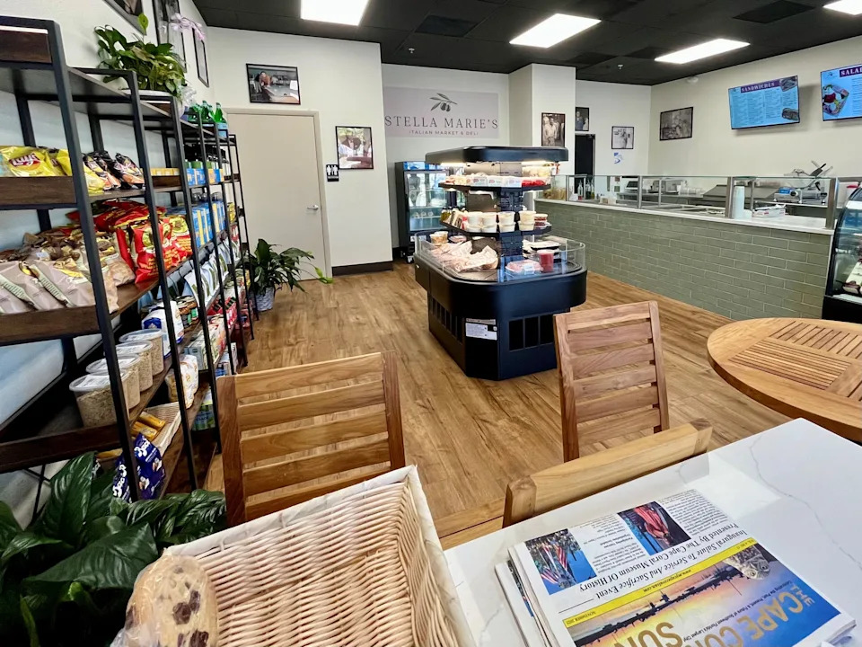While Stella Marie's Italian Market & Deli has no indoor seating, a couple of tables and chairs are set up outside.