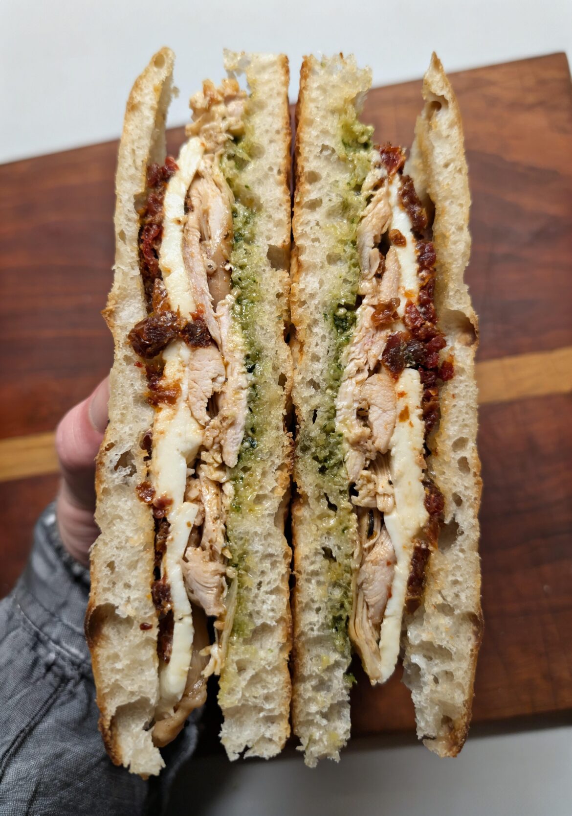 Chicken, pesto, sun dried tomatoes, fresh mozzarella on focaccia