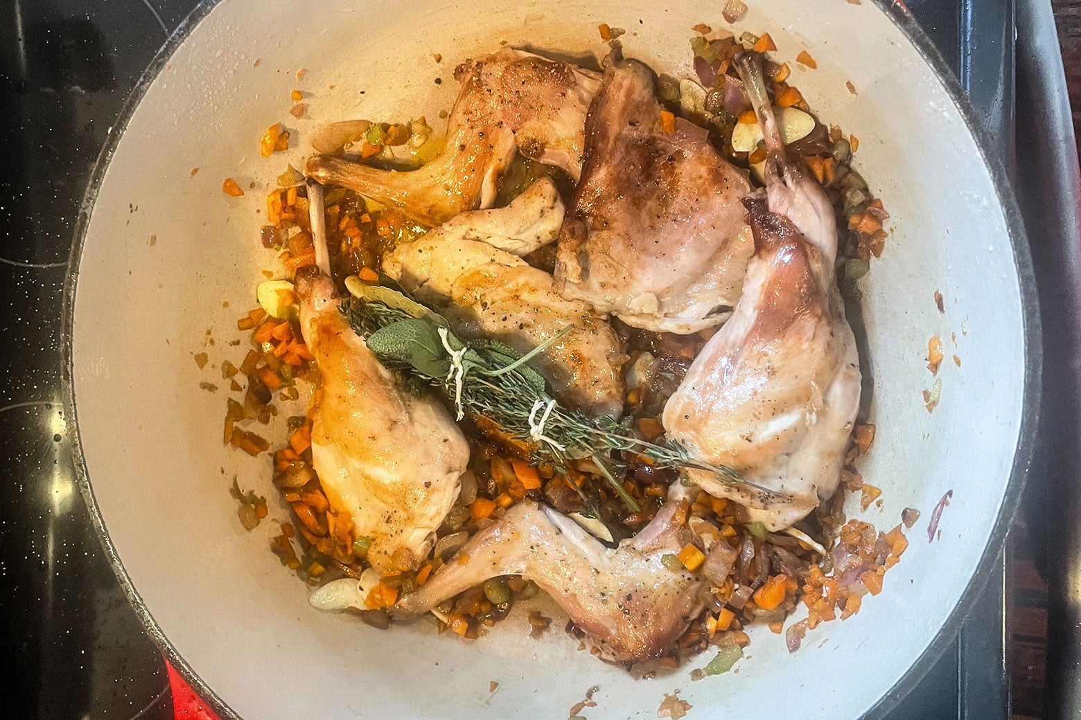 Browned rabbit pieces in a Dutch oven.