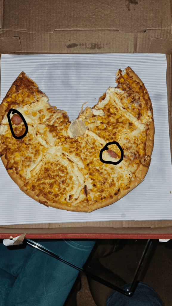 I bought a pizza:bacon with corn and they send me this