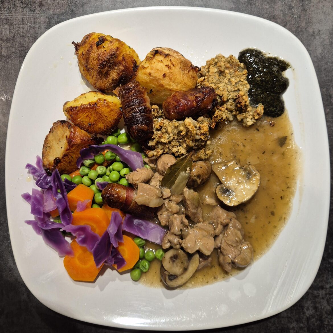 First time lamb stew with veg, stuffing and pigs in blankets (as its Christmas).