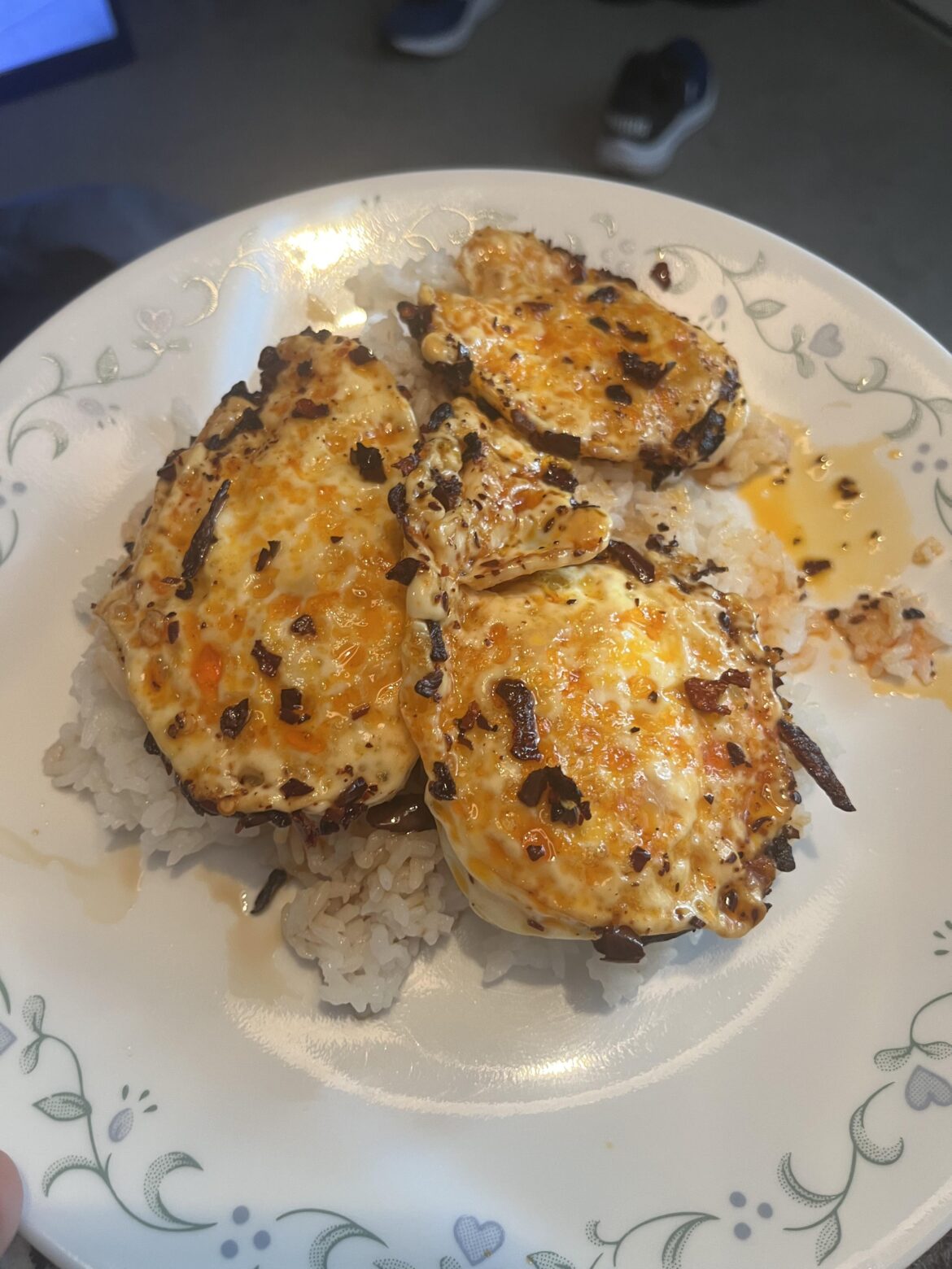 Chili crisp fried eggs over rice