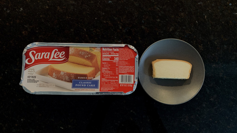 Sara Lee Classic Pound Cake slice on a plate next to package