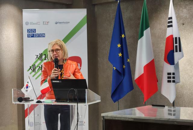 Italian Ambassador Emilia Gatto delivers welcome remarks during the opening event of Italian Cuisine Week at High Street Italia in Seoul on November 19 2025