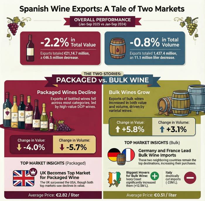 Spanish Wine Exports Drop €46.5 Million in Nine Months as Packaged Sales Slump