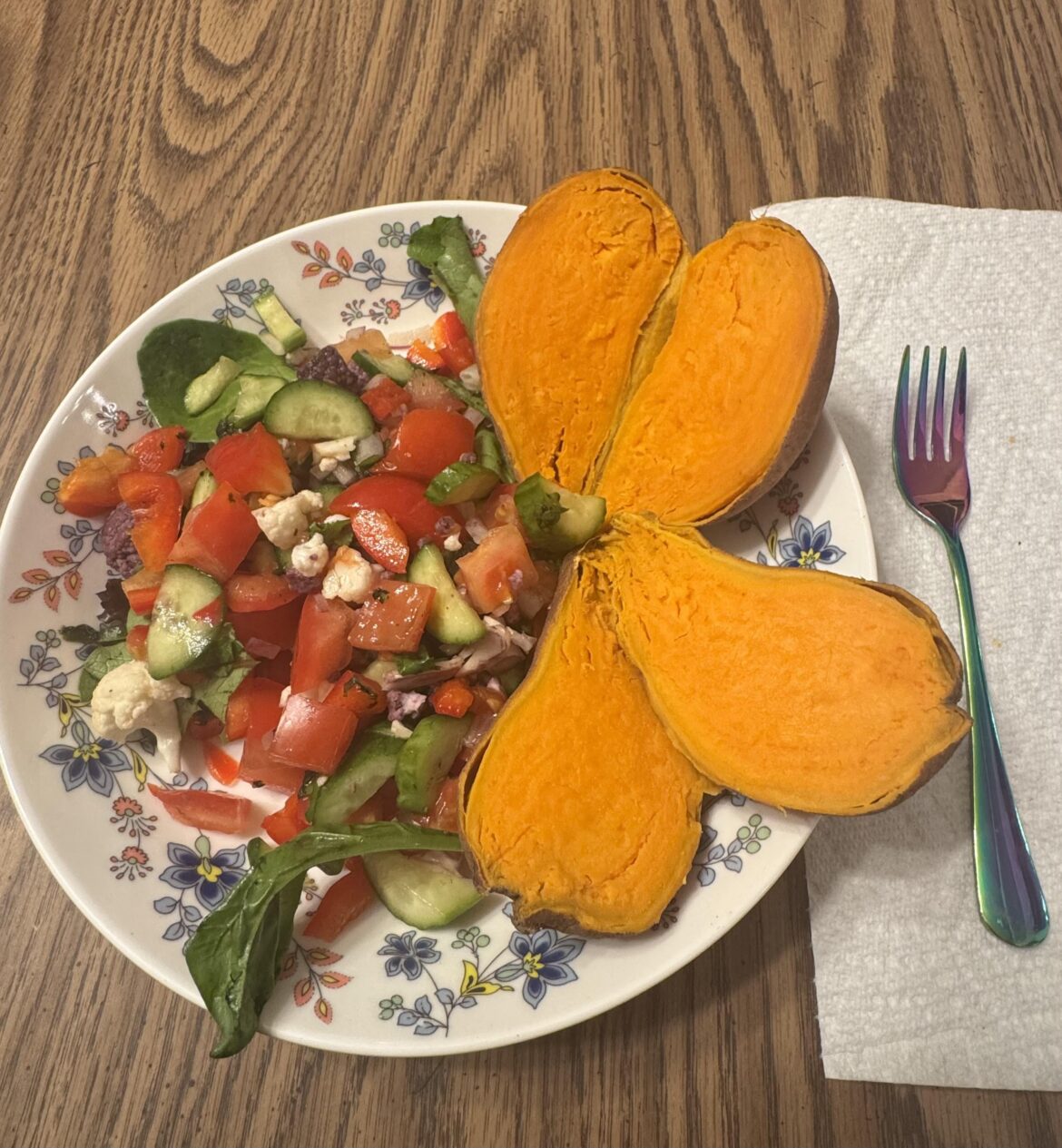 Dinner: salad and sweet potato