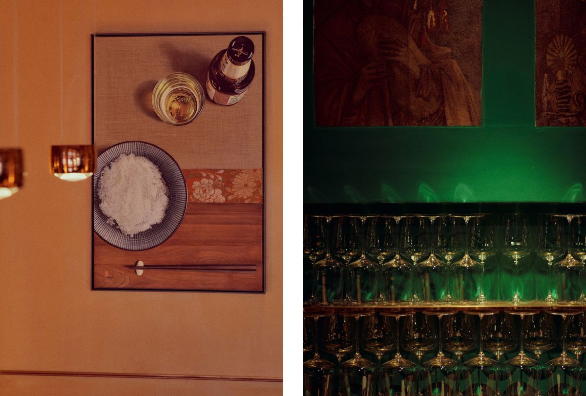 Art displaying the chef’s personal favorites — rice and beer — and the beautiful glassware in the restaurant. © Wim Jansen/The MICHELIN Guide