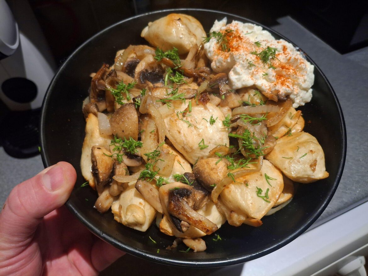 I always have pierogis for my Sunday tea, made them with sautéed mushrooms