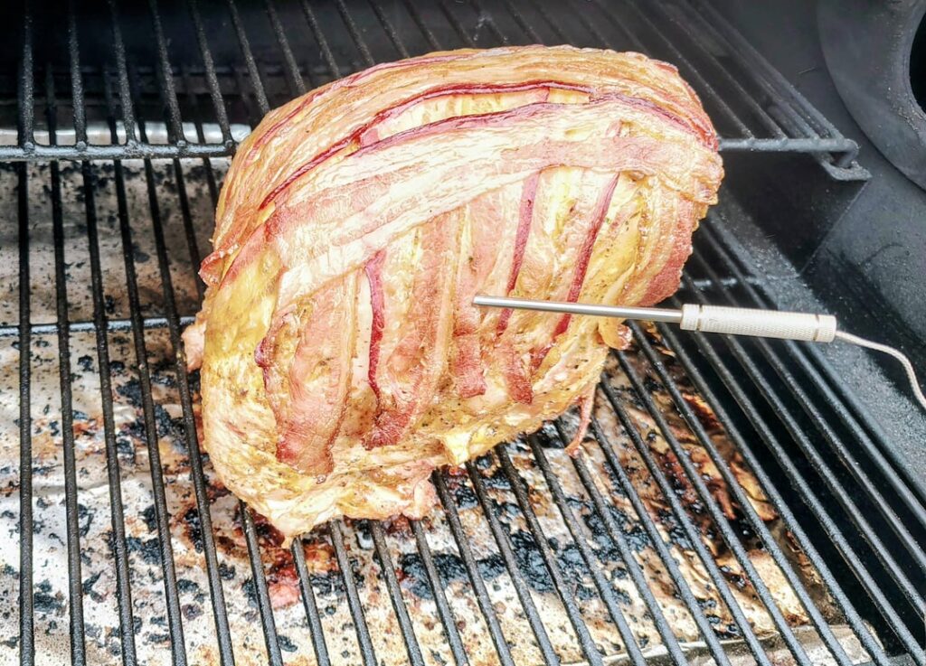 Bacon-draped smoked turkey breast w/maple-honey mustard glaze