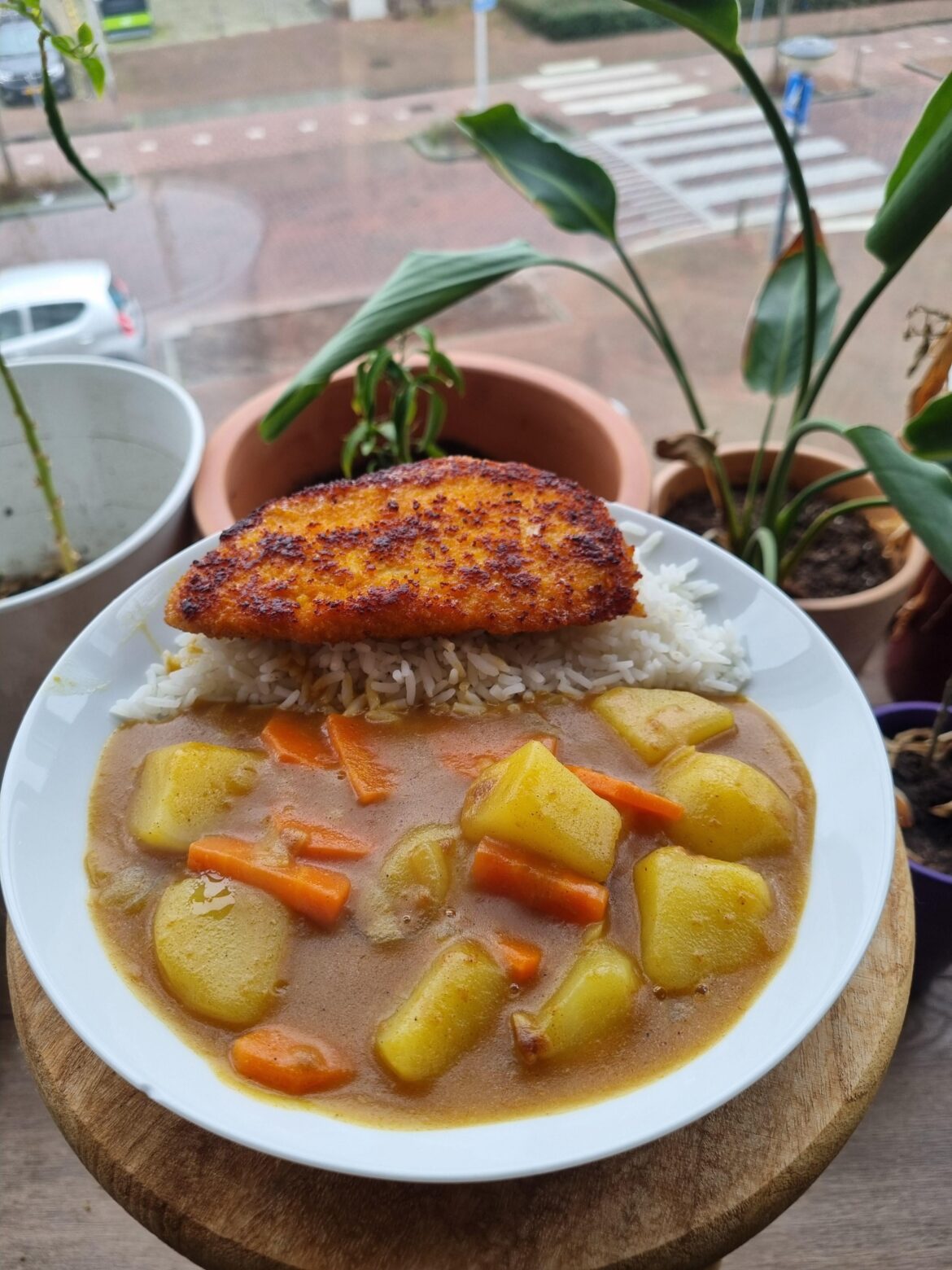 Japanese curry with chicken schnitzel