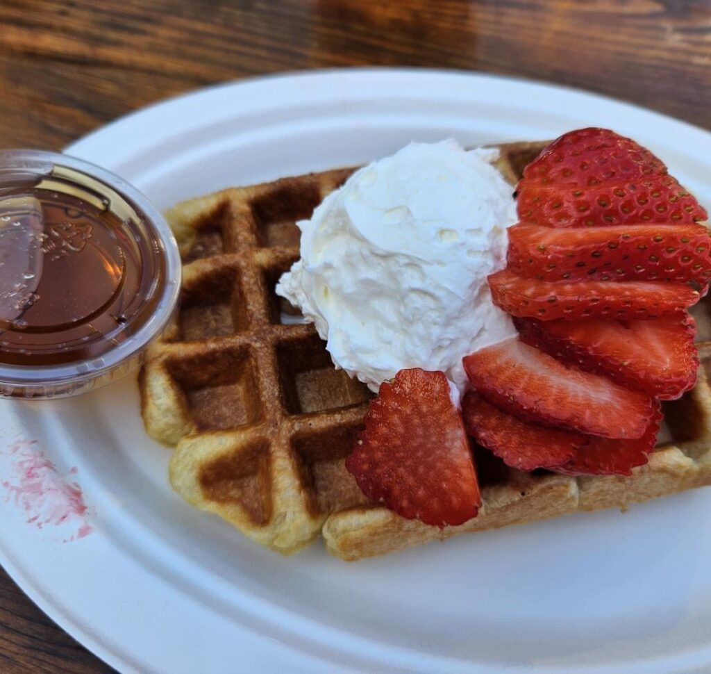 Belgium waffle, strawberry and whip cream