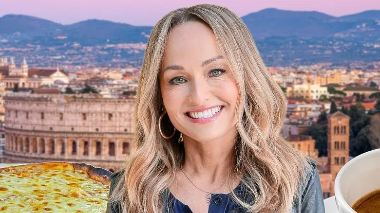 Giada De Laurentiis in front of iconic images from Italy