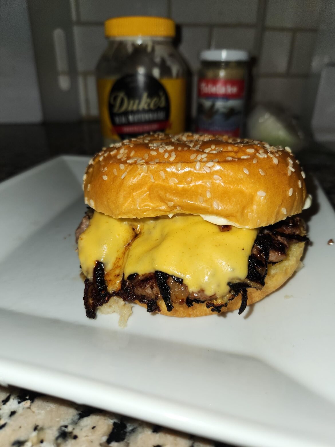 Onion Burger w Horseradish, Duke's, and seasonings