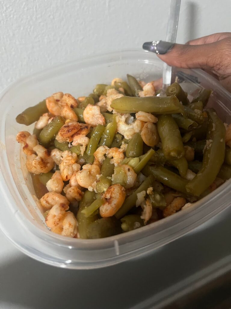 Tiny shrimp and green beans added soy sauce and honey and seasoning ofc. 225 cal ,23 G protein