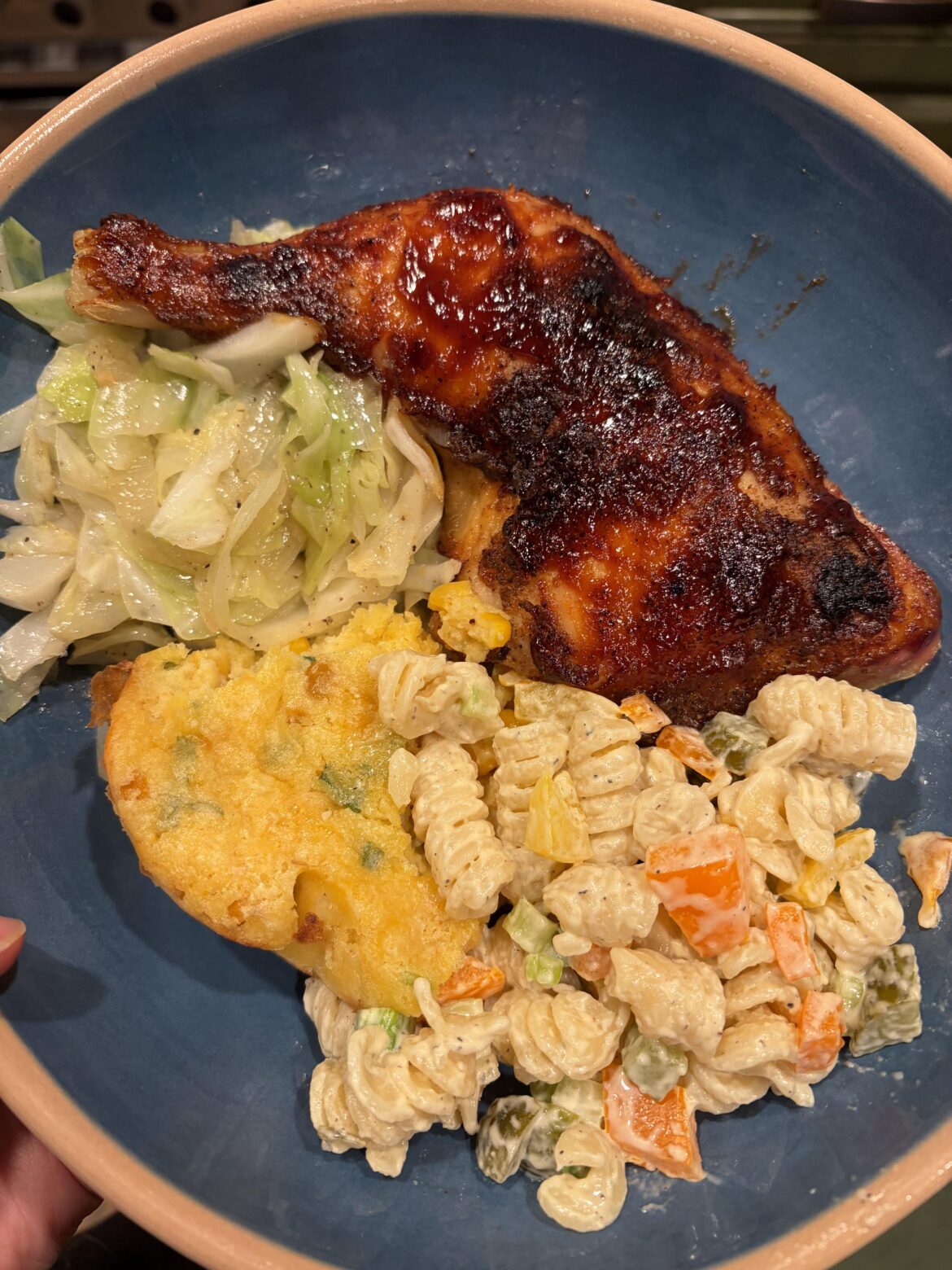 Bbq chicken, pasta salad, corn casserole, and fried cabbage for dinner tonight