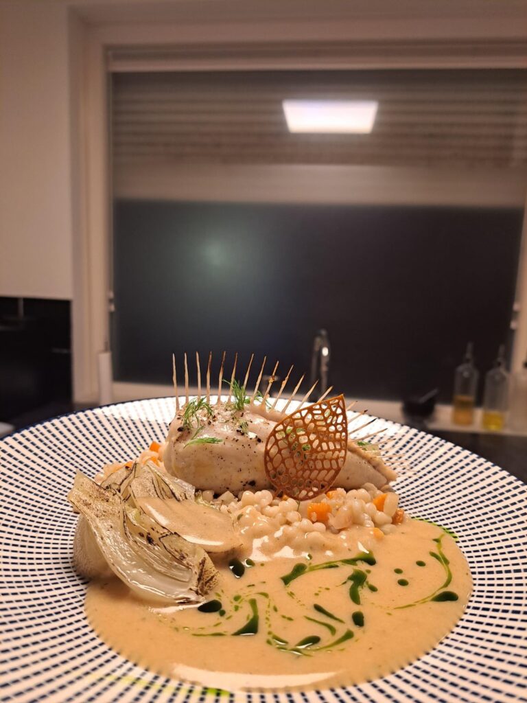 rack of lemon sole . fennel . pearl couscous . dille sauce