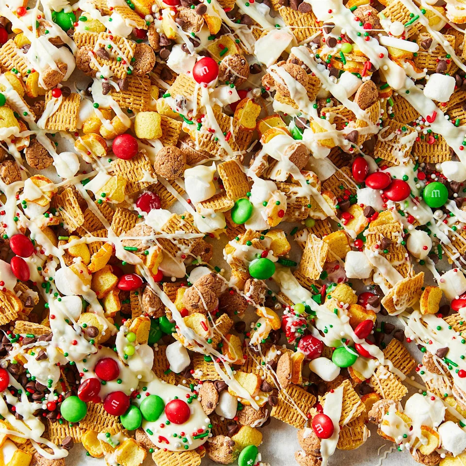 chex mix with red and green candy and icing