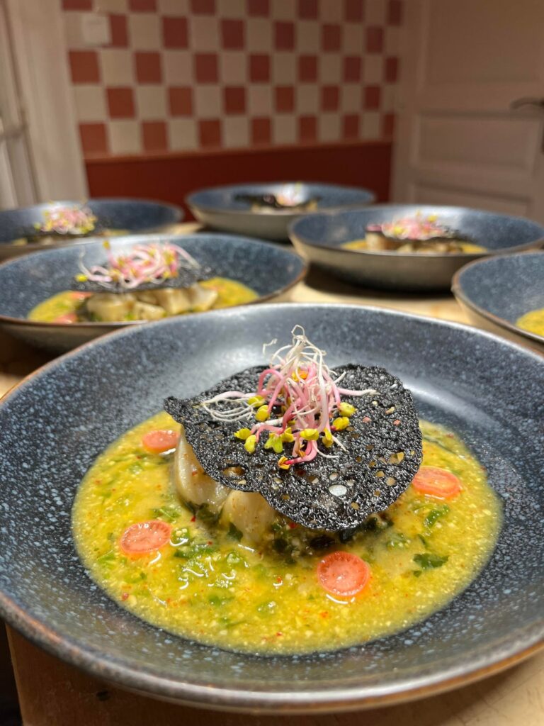 Marinated scallops, miso/reduced orange juice, tuile de pain & sweet rice vinegar pickles