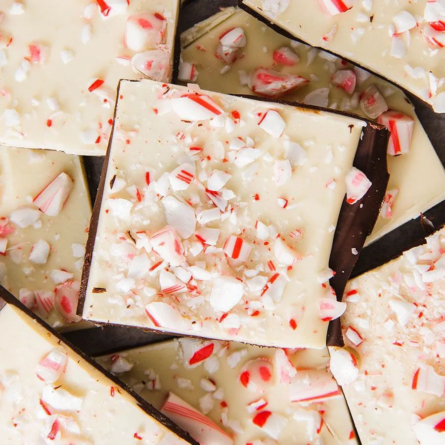 chocolate and white chocolate bark with crushed peppermint pieces