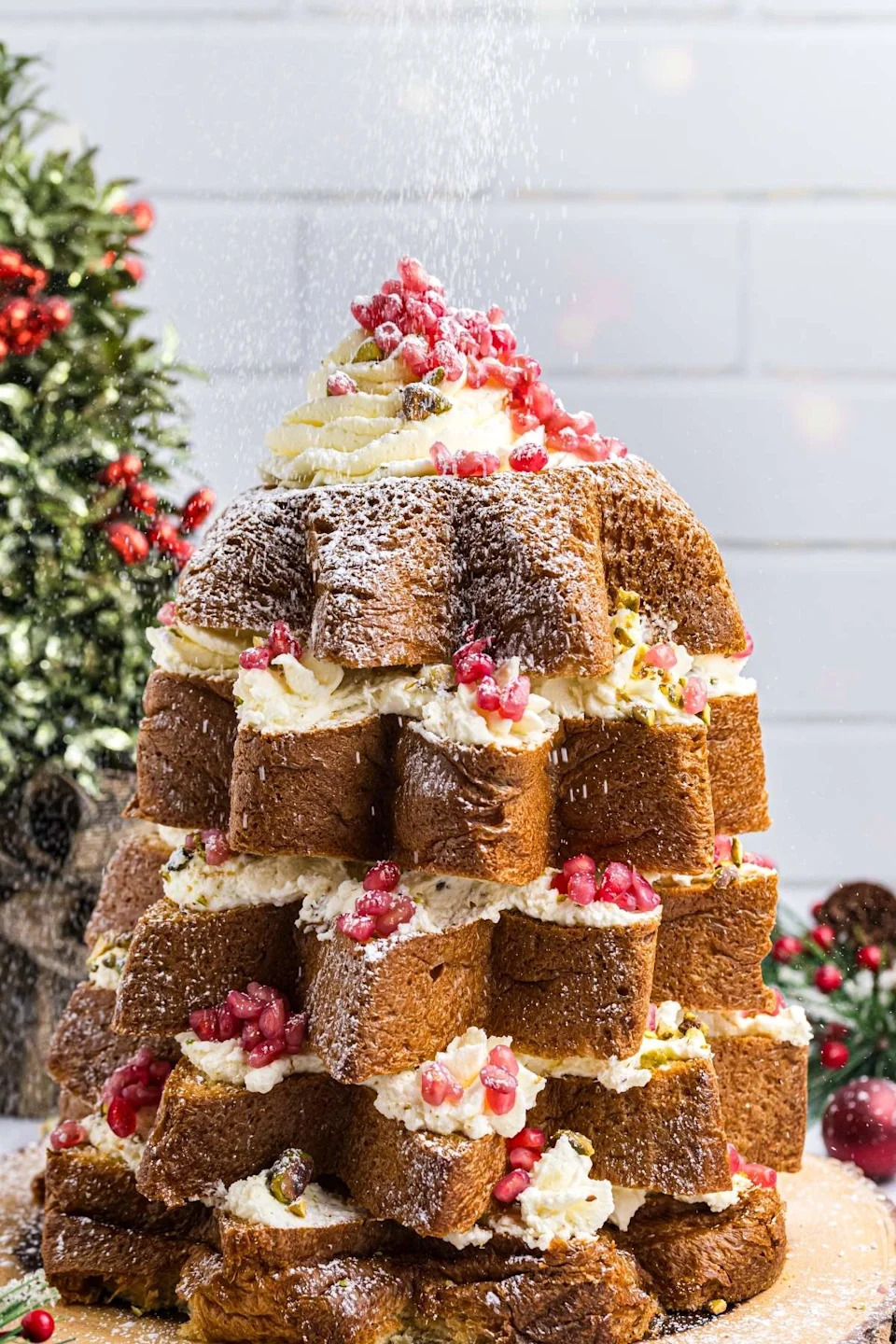 A close up shot pandoro christmas tree cake.