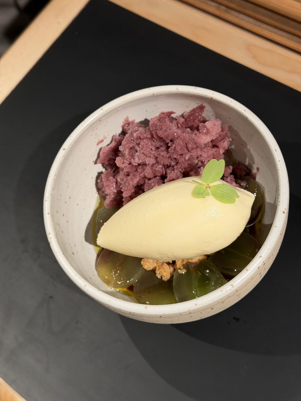 White chocolate ice cream with white crumble, kyoho grape granita, muscat grape and grape reduction