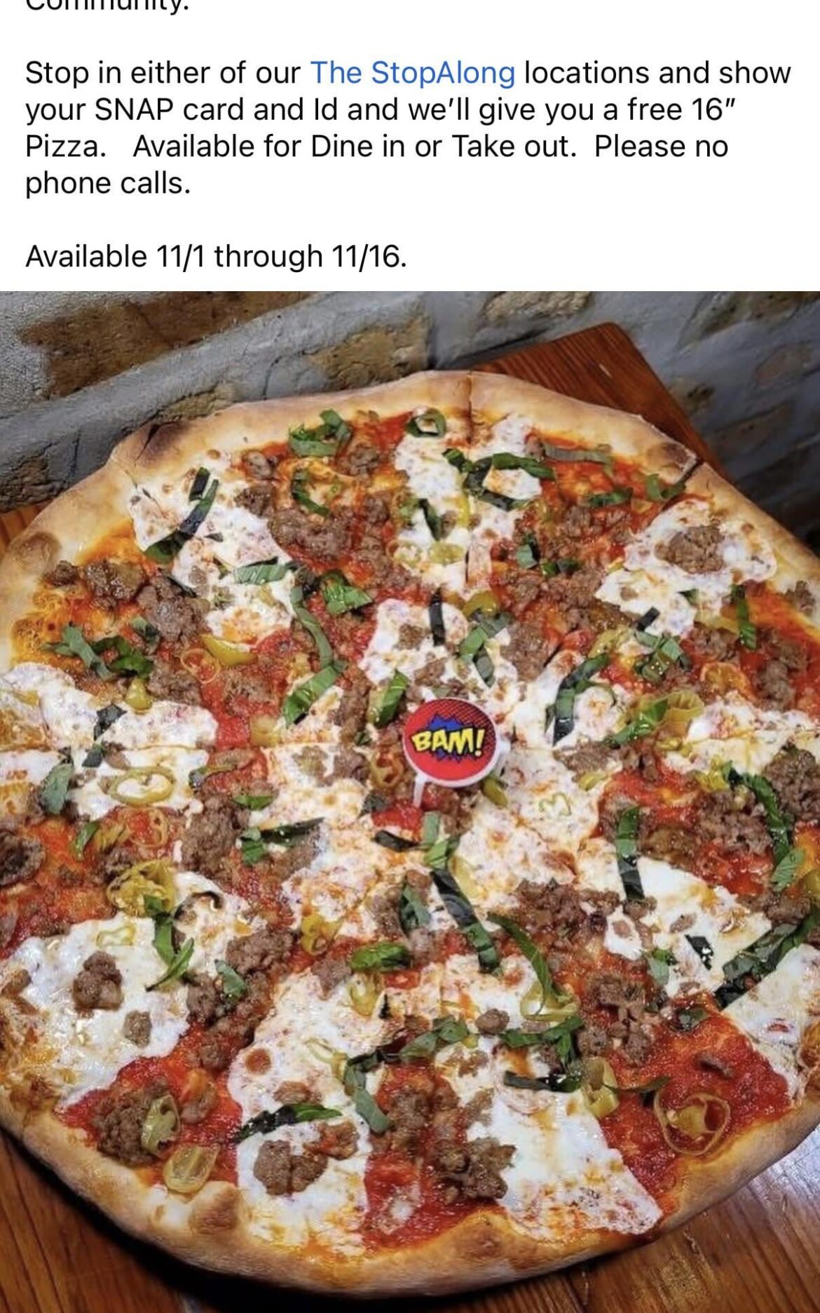 The StopAlong is giving pizzas out to people on SNAP. Any other spots doing something like this?