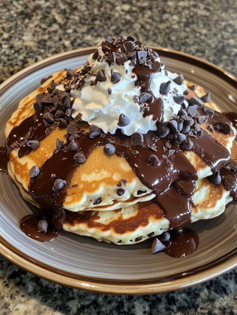 Classic Buttermilk pancakes with chocolate drizzle on top