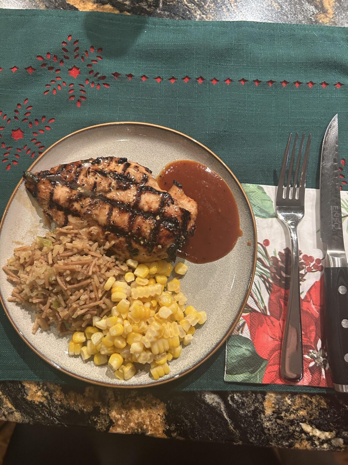 Grilled chicken breast, rice-o-roni, and corn