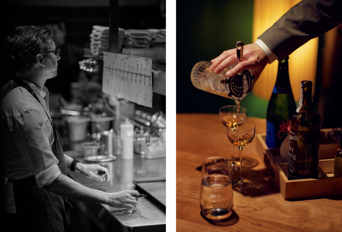 Dominik Schmid, Chef de Cuisine, at the pass and aperitif service for the restaurant’s guests. © Wim Jansen/The MICHELIN Guide