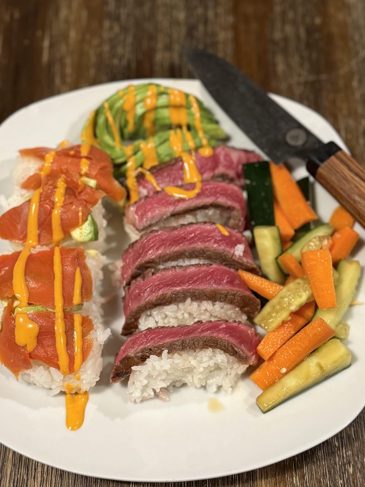 Grilled ribeye and smoked salmon