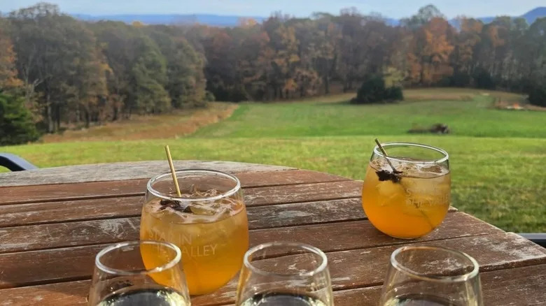 Several glasses of wine on table with trees and mountains behind