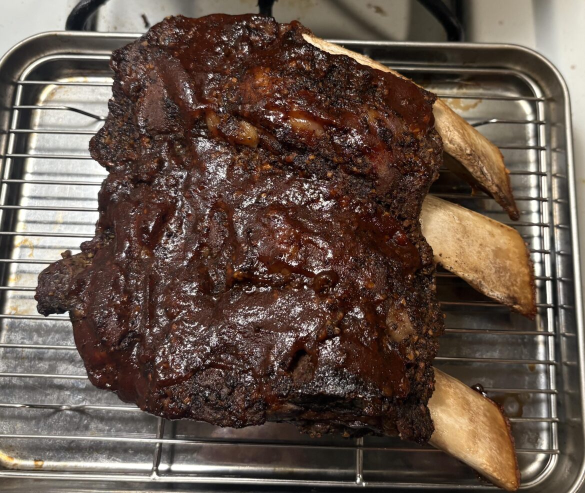 275 for 3 hours. Sauced and broiled.