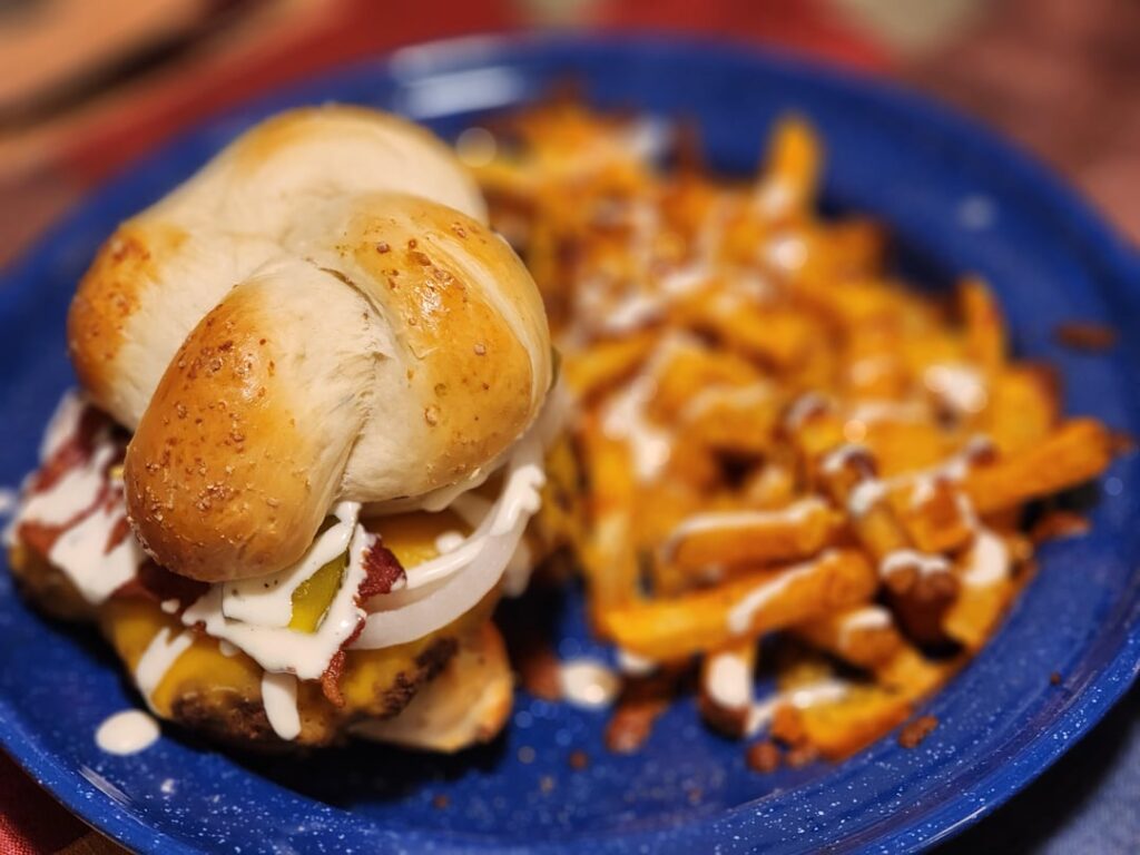 Homemade Bacon Cheeseburgers. Brioche buns from scratch and hand-cut cheese fries oven melted right on the plate.