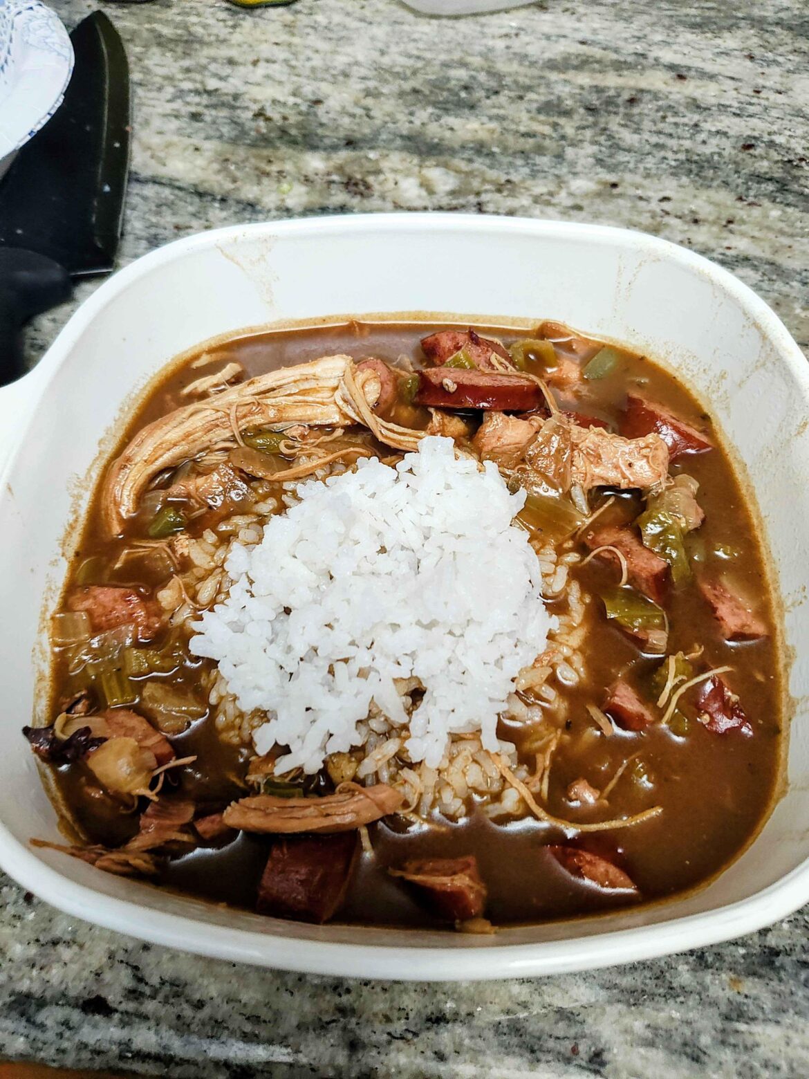 Chicken and Sausage Gumbo with Rice, 550 cal