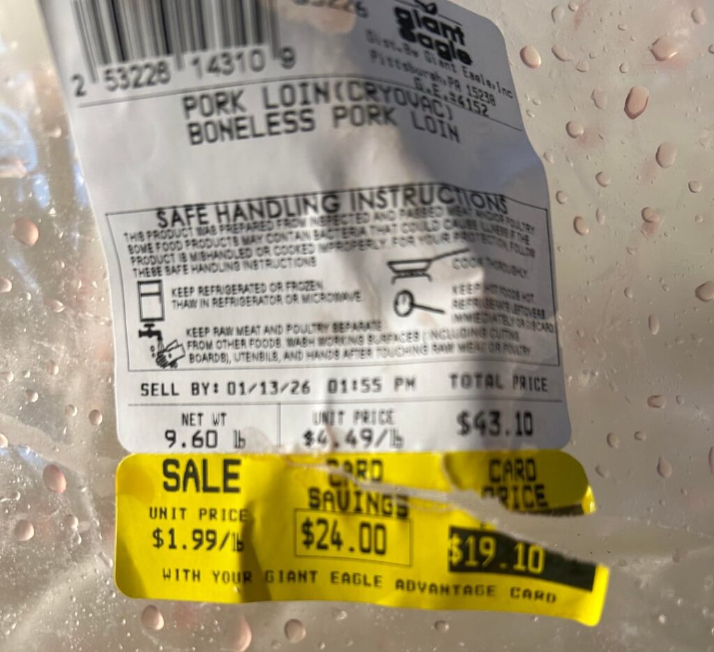 Buy pork today if you can – Giant Eagle in NE OH $19.10 for 9.6 lb pork loin Buy pork today if you can - Giant Eagle in NE OH $19.10 for 9.6 lb pork loin