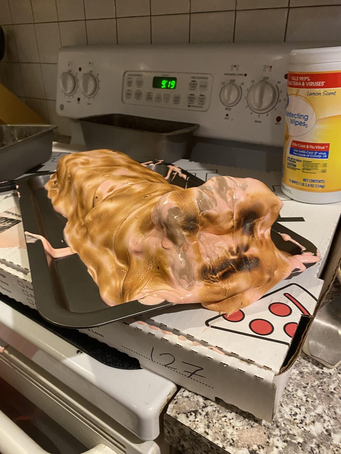 My friend was hosting a SpongeBob-themed birthday party and I thought it would be cool to try making a “Baked Alaska Bull Worm.” Its face will forever linger in my nightmares.