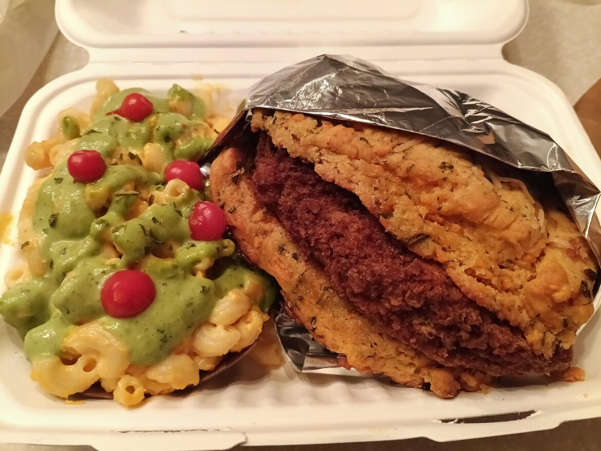 Cheddar bay biscuit with fried lions mane and chimichurri Mac from Vegan International in Tampa, FL