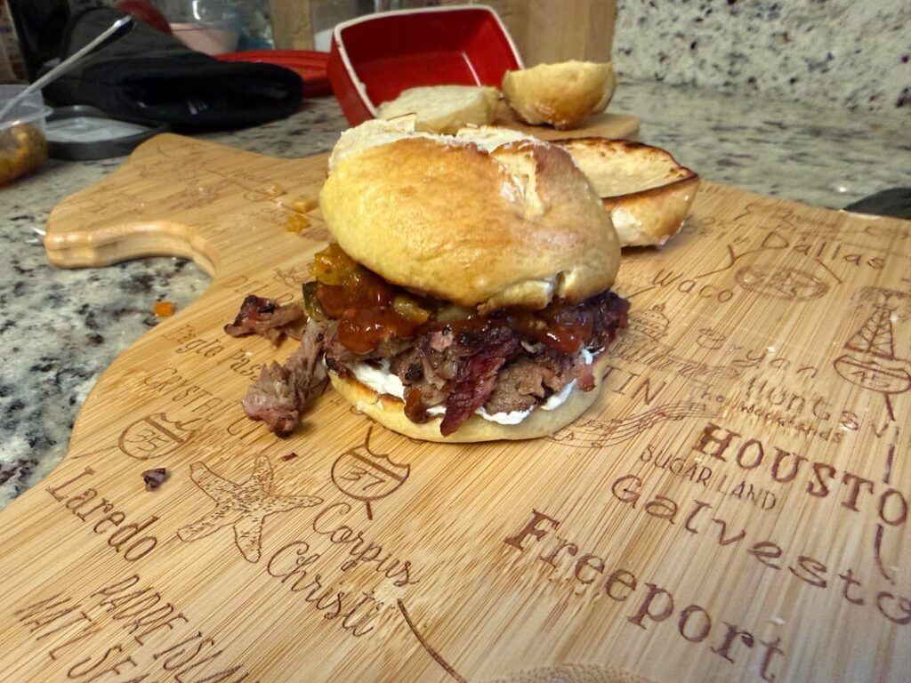 Hopped beef sammich with smoked cream cheese, jalapeno/habanero chutney, scratch pretzel buns and bbq sauce.