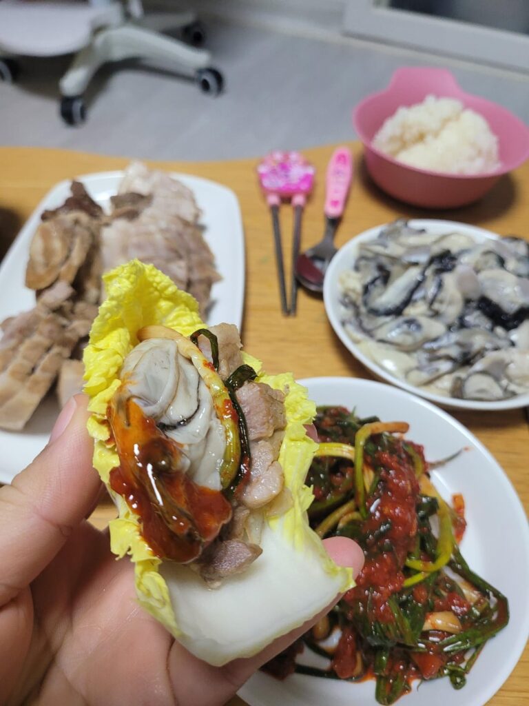 Perfect winter comfort food: Fresh oysters and pork belly wraps.