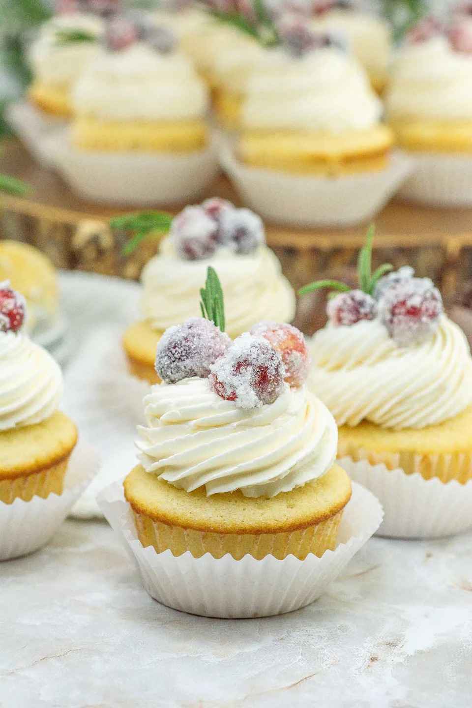 A close up shot white chocolate cranberry cupcakes.