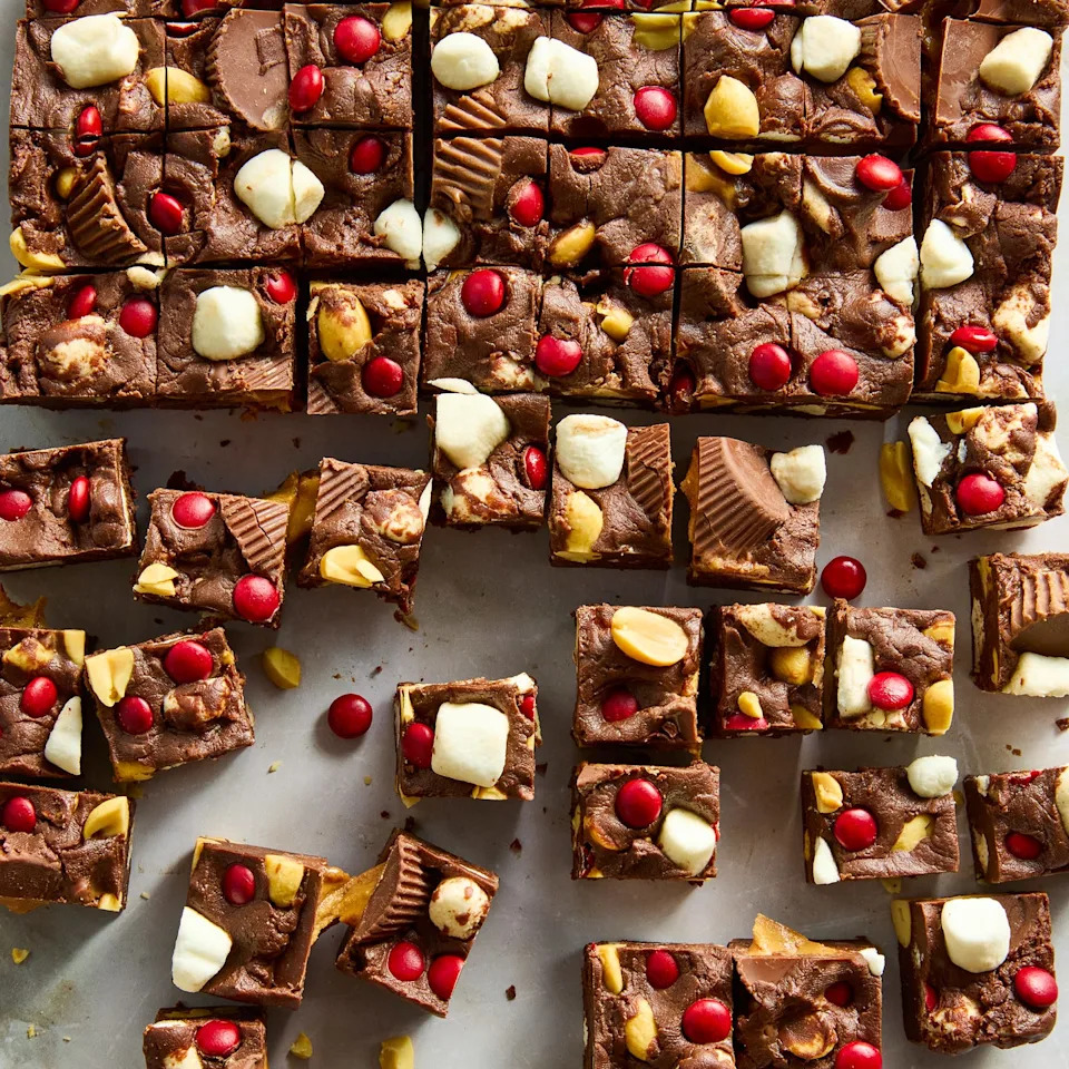 chocolate fudge with marshmallows, nuts, candy, and peanut butter cups