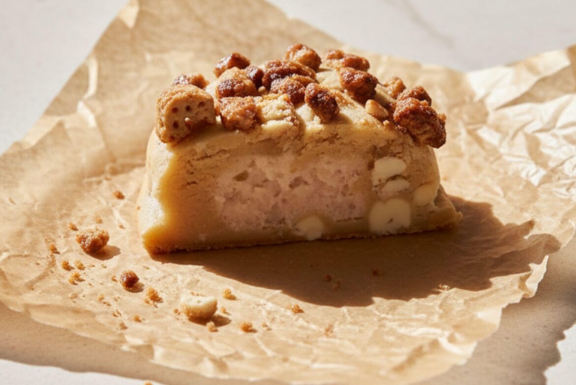Gooey maple cookie with white chocolate chips, stuffed with creamy breakfast filling and topped with a crunchy waffle cinnamon sugar crumble.