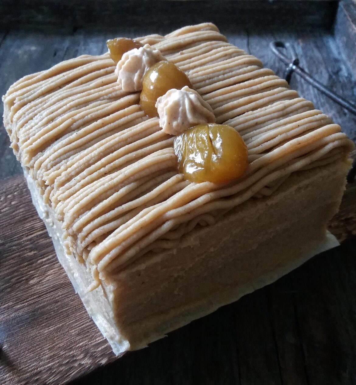 Homemade sponge cake with chestnut cream topping