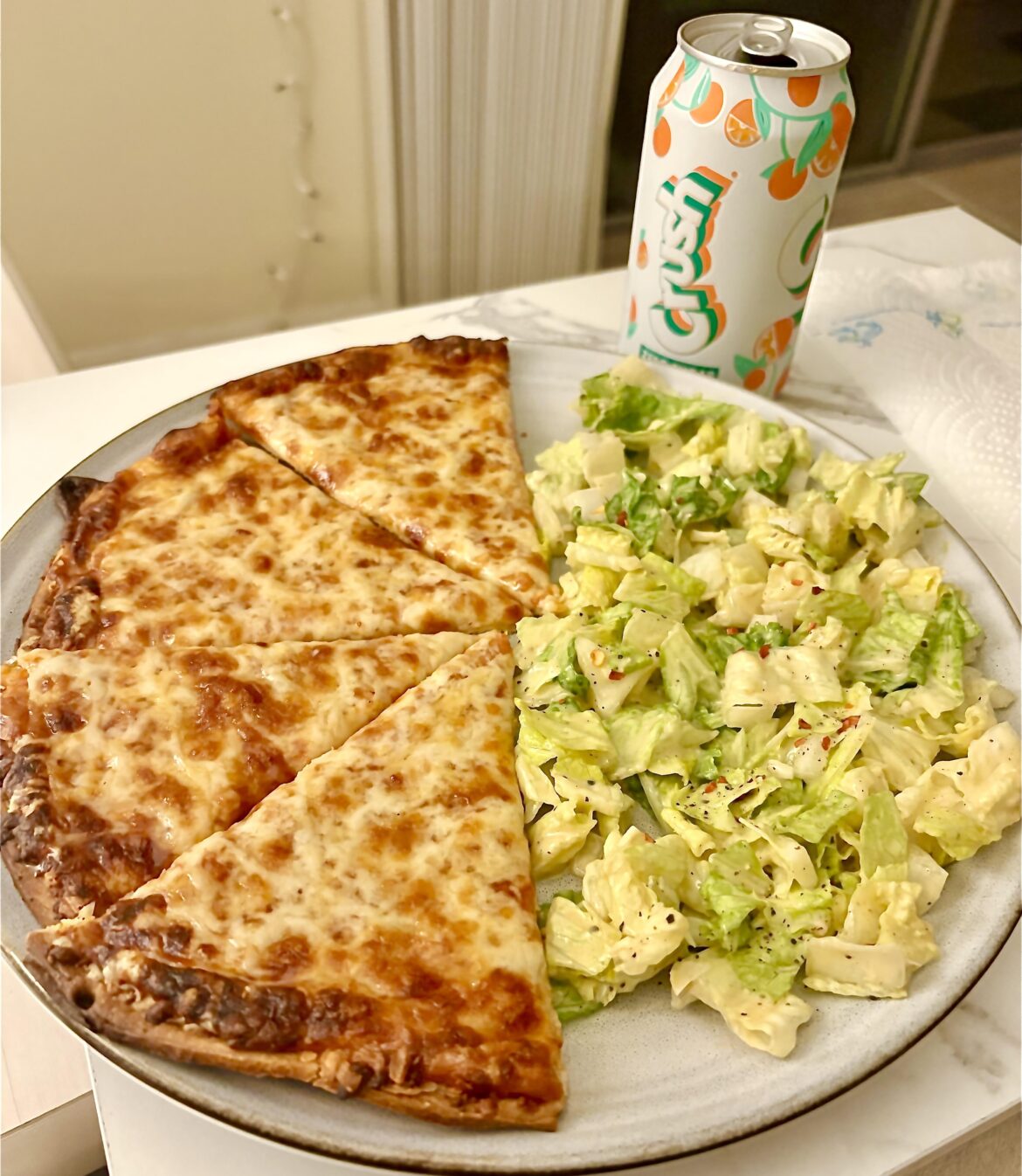 Pizza, Caesar Salad & Orange Crush - 500 cals for all this :)