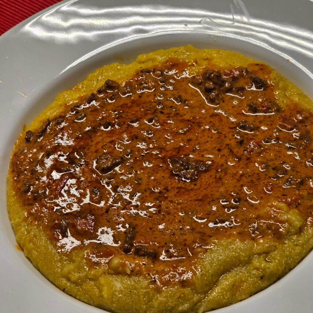 Beef mince ragout on polenta