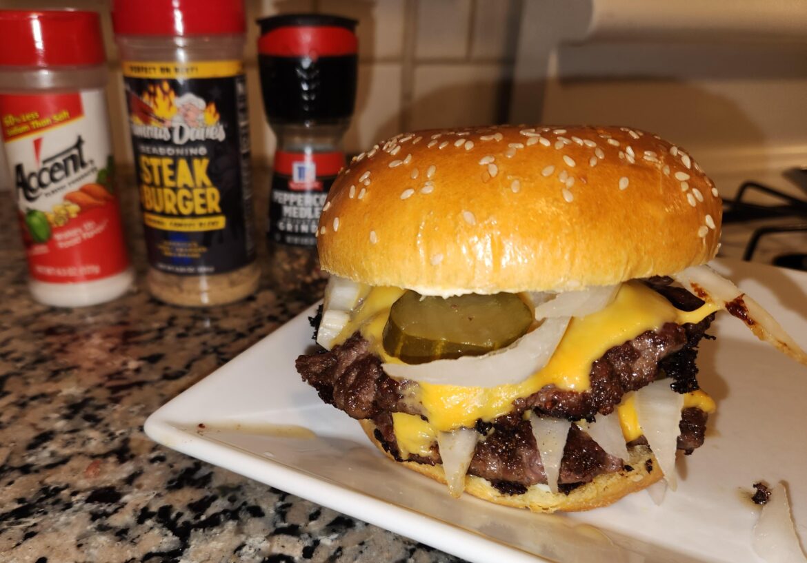 DBL w Duke's, American Cheese, Yellow Onion, and Bread & Butter Pickles