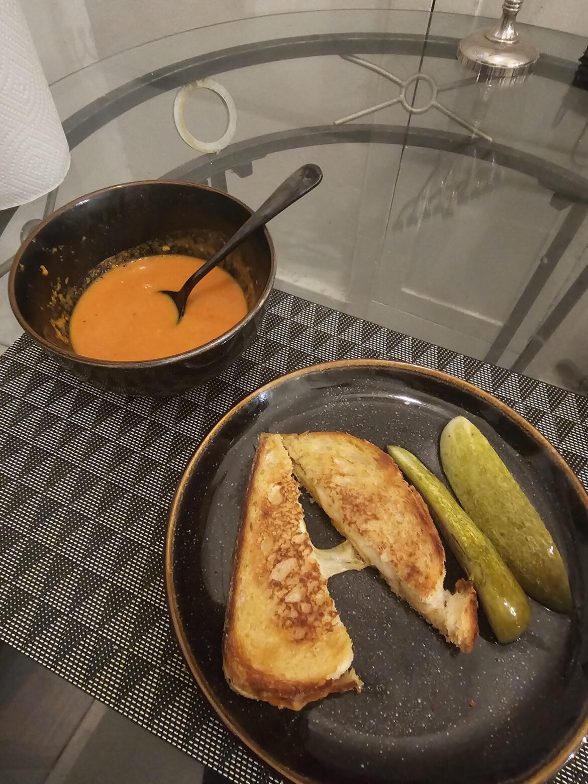 Jarlsburg + Frank's Red Hot sharp cheddar on fresh bakery three cheese bread, tomato and red pepper soup, and a side of Grillo's pickles
