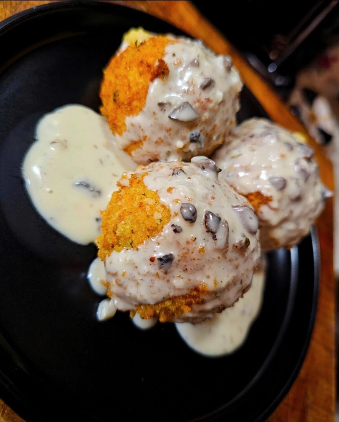 Broccoli & Cheddar Croquettes w/ Mushroom Gravy